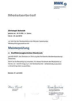 Meisterbrief Christoph Schmidt